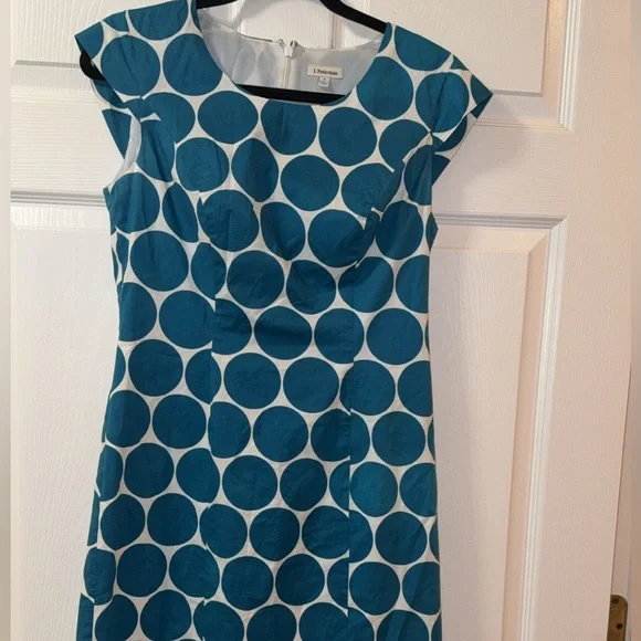 J Peterman RETRO Polka Dot Pencil Dress Women's Size 4 Lined Teal/White Preppy - Picture 5 of 11
